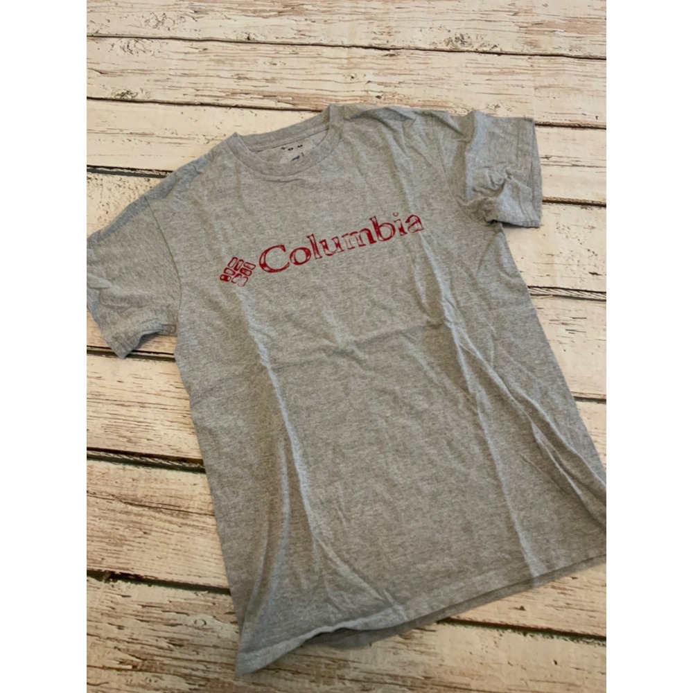 Columbia Mens Graphic Logo T-Shirt Gray Red Short Sleeve Small Sportswear Tee